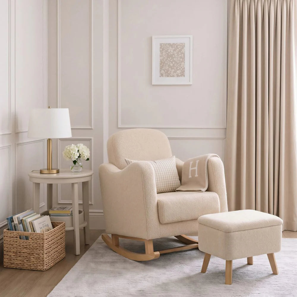 Bebe & Beyond Soother Nursing Chair + Stool – Boucle Collection Oat