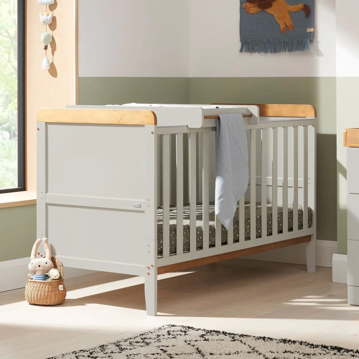 Tutti Bambini Rio Cot Bed with Cot Top Changer & Mattress Honey Oak & Dove Grey