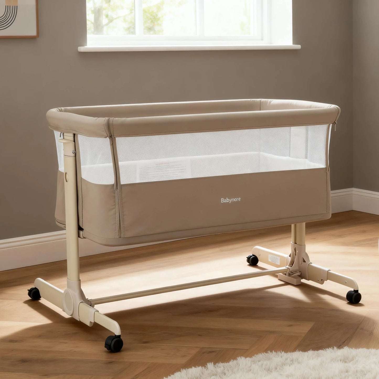 Babymore Neera Bedside Crib – Khaki *AUGUST OFFER