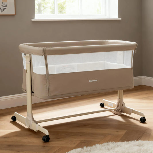 Babymore Neera Bedside Crib – Khaki *AUGUST OFFER
