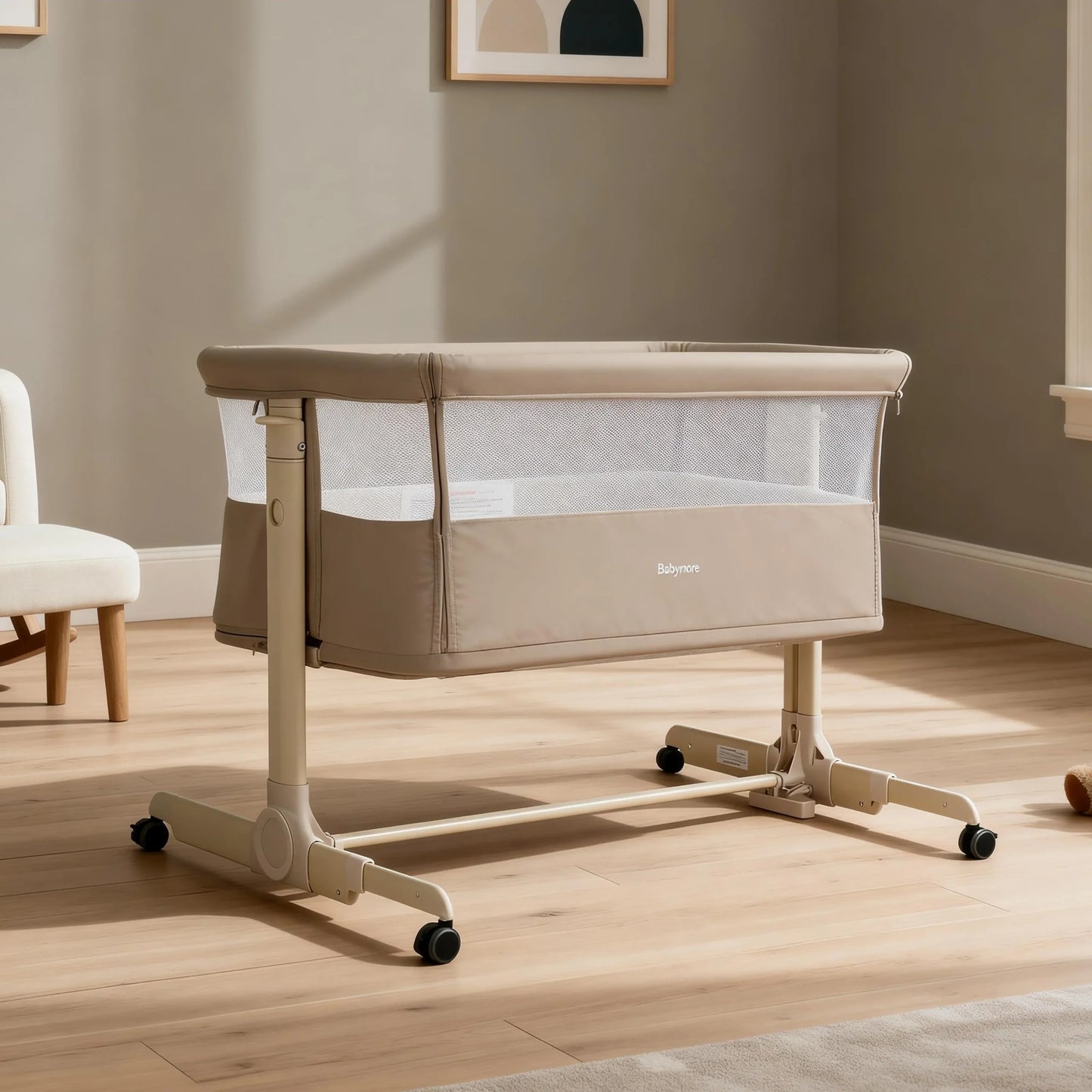 Babymore Neera Bedside Crib – Khaki *AUGUST OFFER