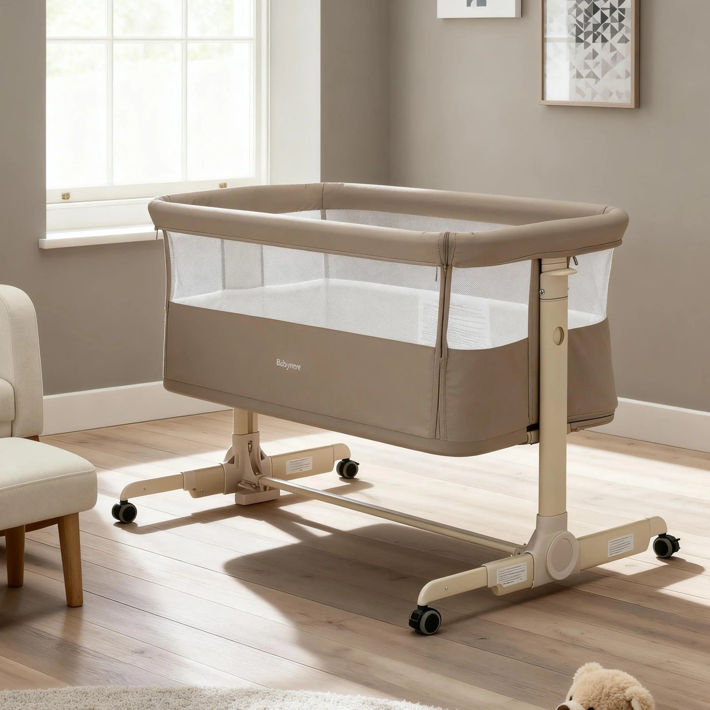 Babymore Neera Bedside Crib – Khaki *AUGUST OFFER