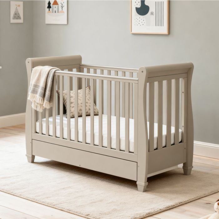 Babymore Eva Sleigh Cot Bed Drop side with Drawer Cashmere