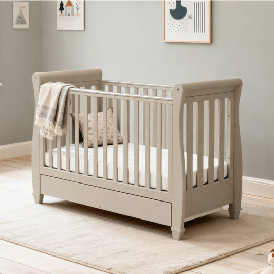 Babymore Eva Sleigh Cot Bed Drop side with Drawer Cashmere