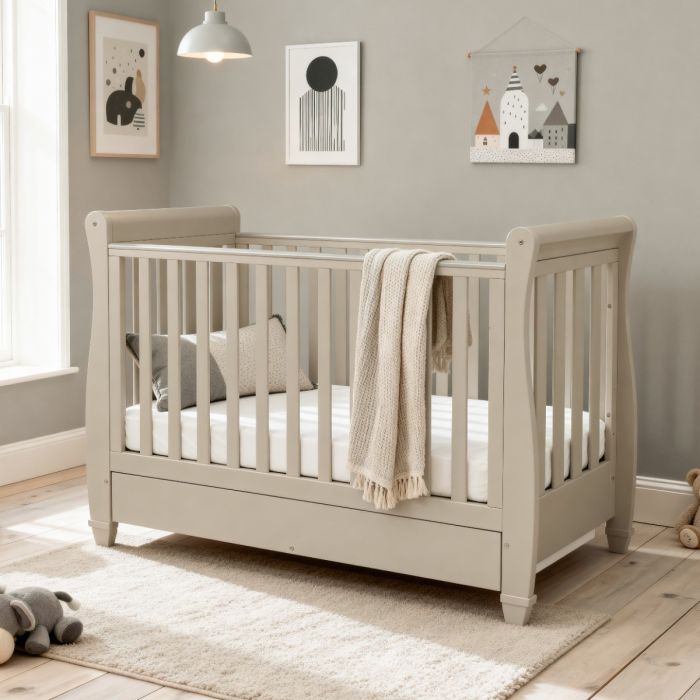 Babymore Eva Sleigh Cot Bed Drop side with Drawer Cashmere
