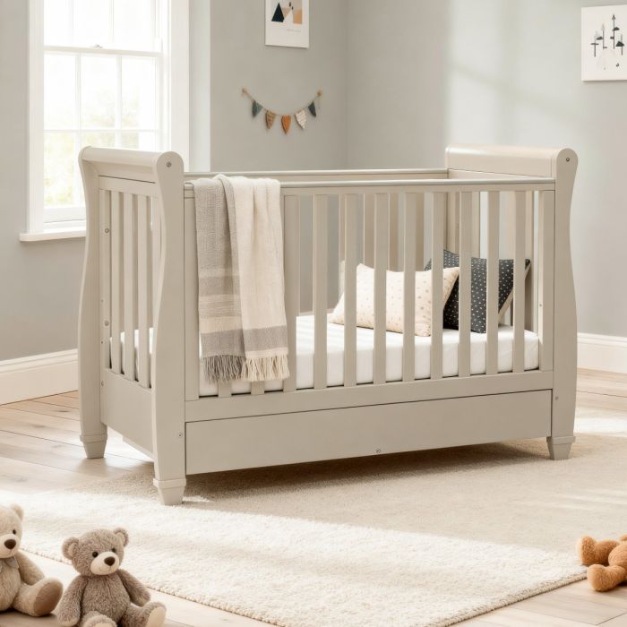 Babymore Eva Sleigh Cot Bed Drop side with Drawer Cashmere