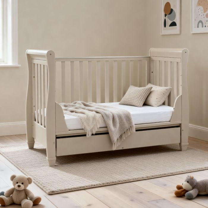 Babymore Eva Sleigh Cot Bed Drop side with Drawer Cashmere