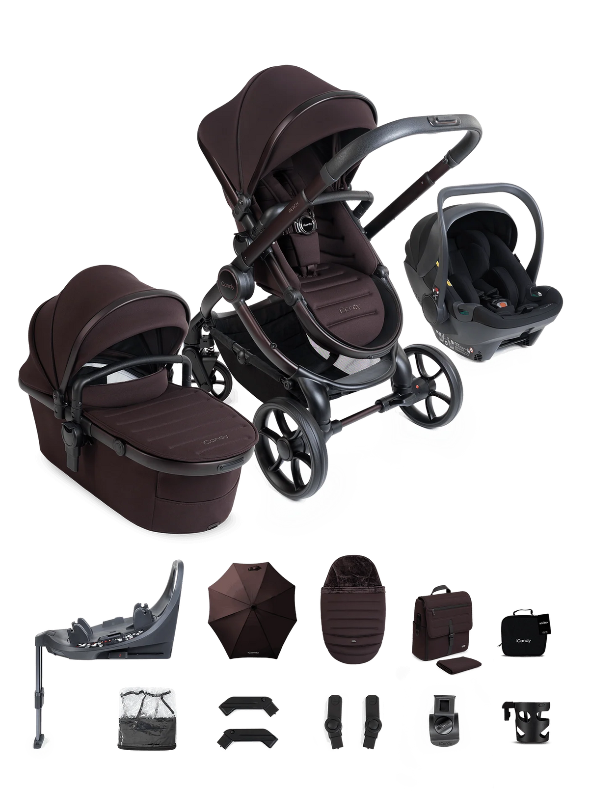 iCandy Peach 8 Coffee Bean Pushchair and Carrycot - 360 Car Seat Pushchair Bundle
