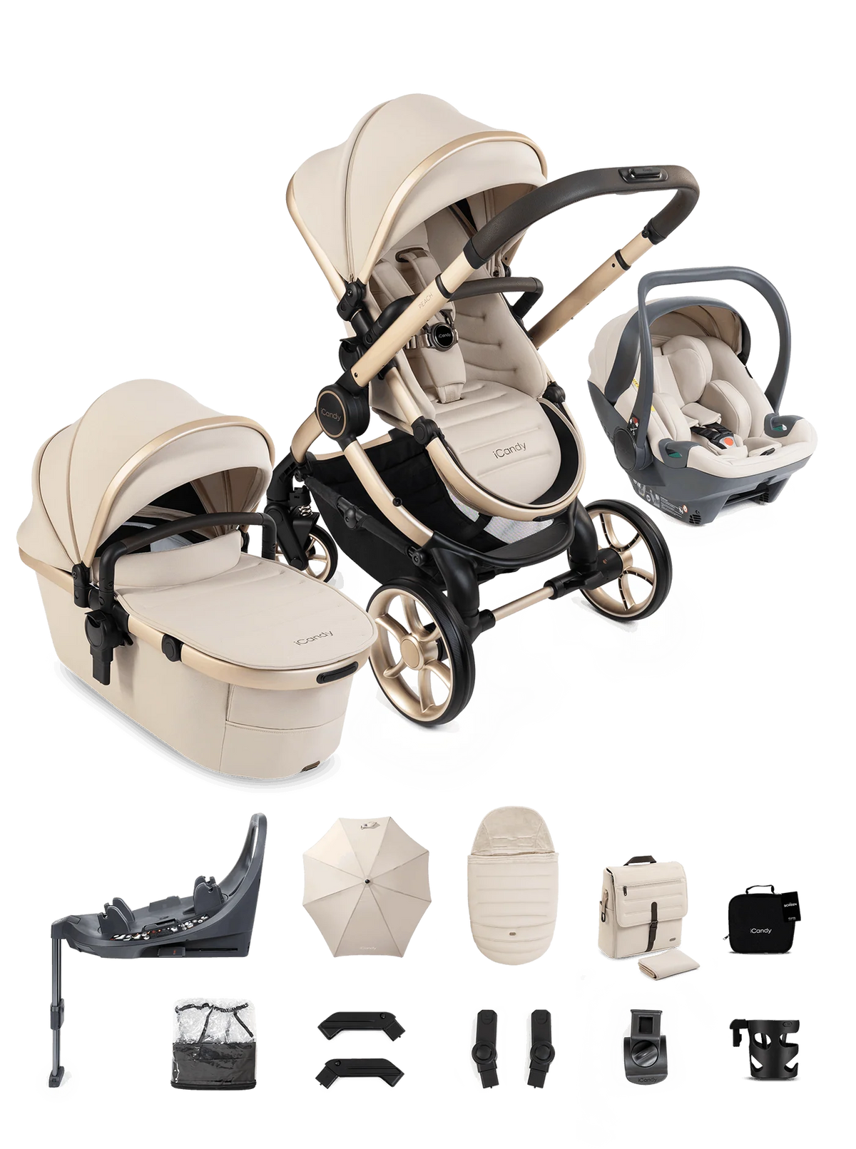iCandy Peach 8 Biscotti Pushchair and Carrycot - 360 Car Seat Pushchair Bundle Mi Stand and Baby and Beyond Car Seat
