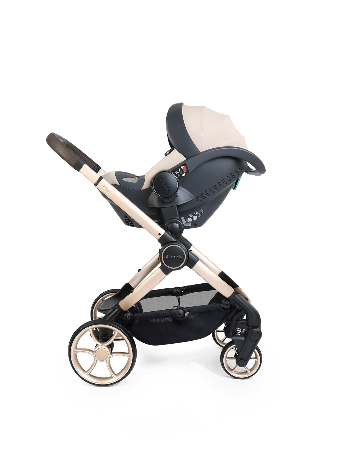iCandy Peach 8 Biscotti Pushchair and Carrycot - 360 Car Seat Pushchair Bundle Mi Stand and Baby and Beyond Car Seat
