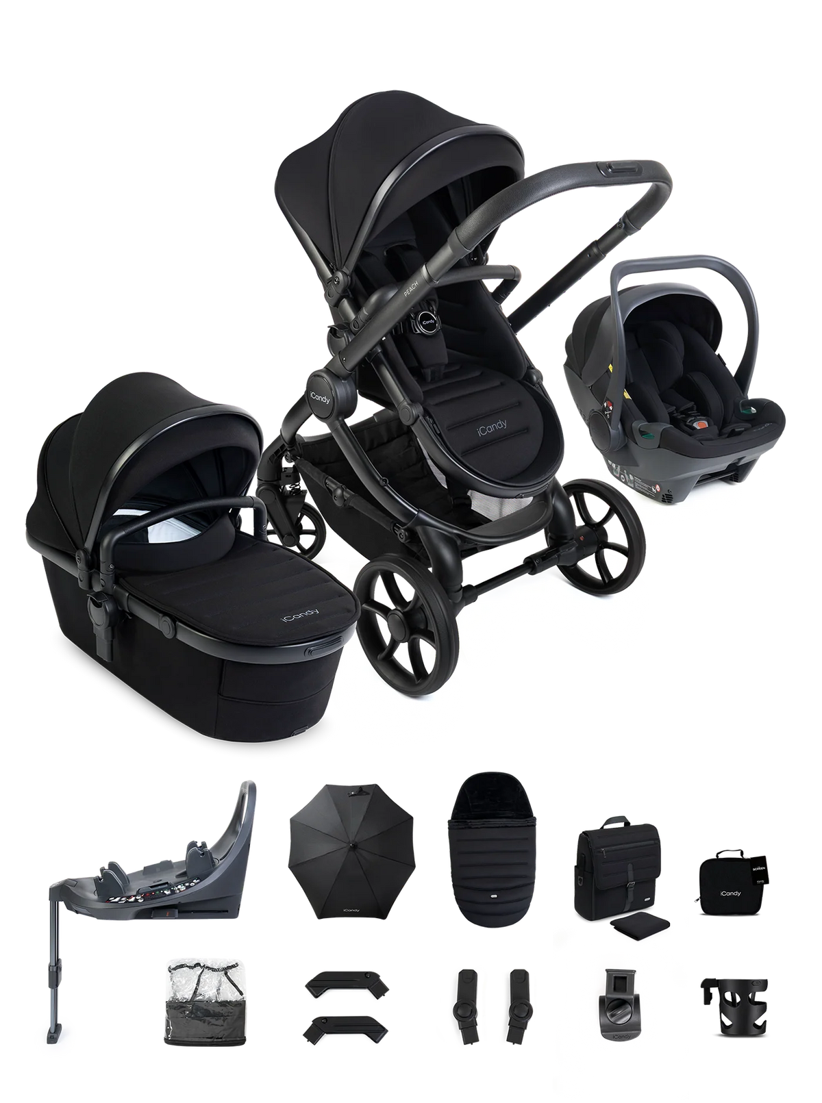 iCandy Peach 8 Black Pushchair and Carrycot - 360 Car Seat Pushchair Bundle
