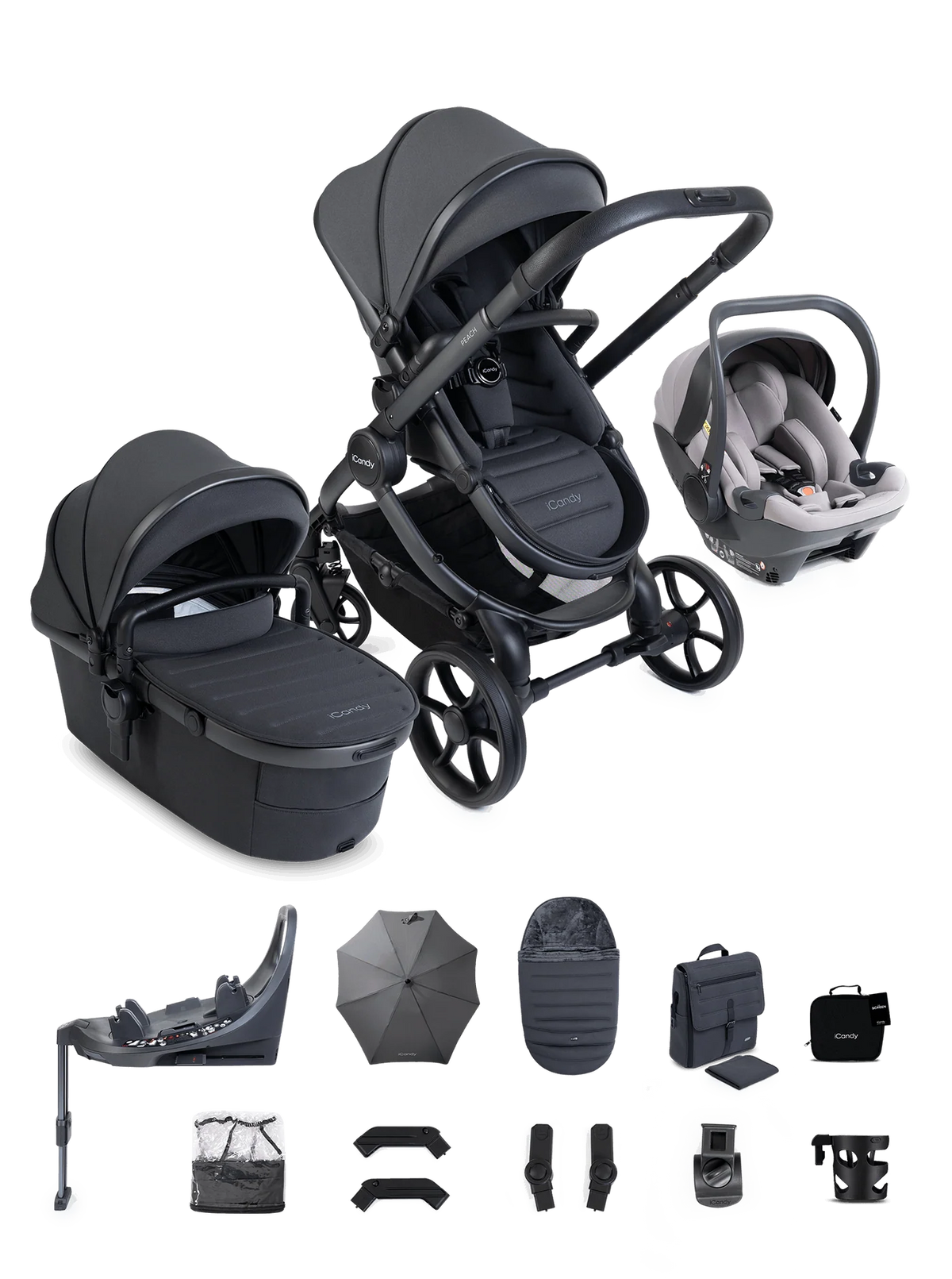 iCandy Peach 8 Grey Pushchair and Carrycot - 360 Car Seat Pushchair Bundle