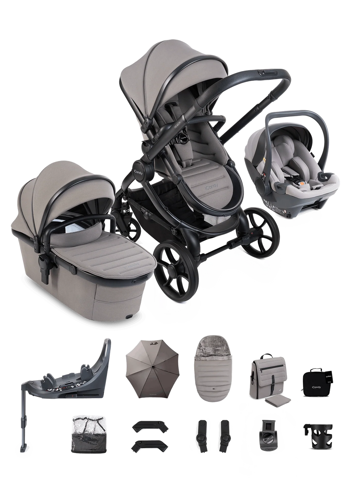 iCandy Peach 8 Porcini Pushchair and Carrycot - 360 Car Seat Pushchair Bundle