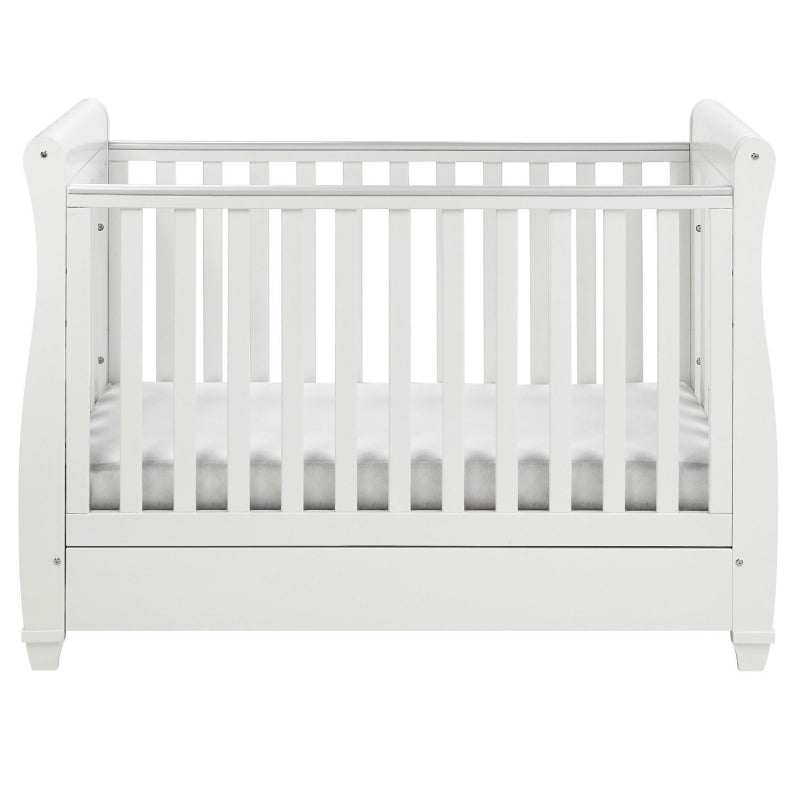 Babymore Eva Sleigh Cot Bed Drop side  with Drawer & cot top changer-White