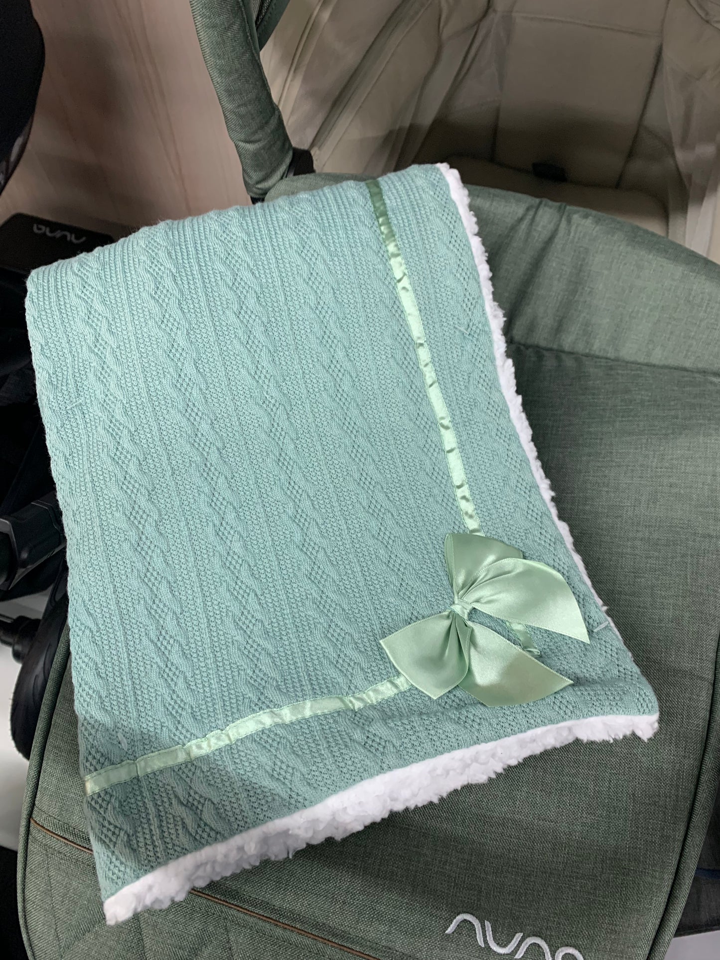 Soft Touch Cable knitted bow  blanket - sage