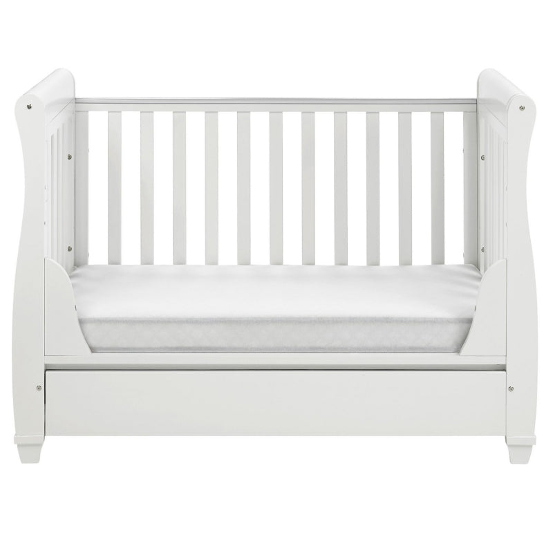 Babymore Eva Sleigh Cot Bed Drop side  with Drawer-White *AUGUST OFFER