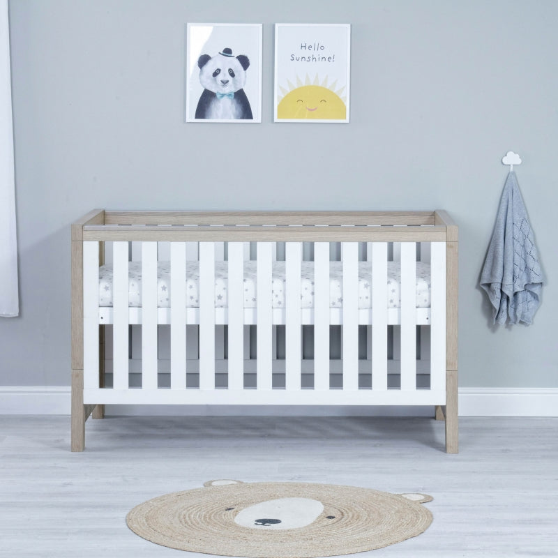 Babymore Luno Cot Bed-Oak & White *AUGUST OFFER FREE COT TOP CHANGER