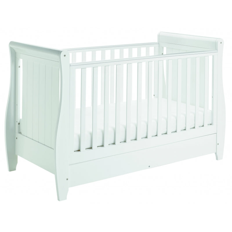 Babymore Stella Sleigh Drop Side  Convertible Cot Bed & cot top changer White
