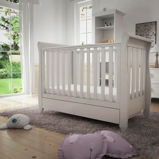 Babymore Eva Sleigh Cot Bed Drop side  with Drawer-White *AUGUST OFFER