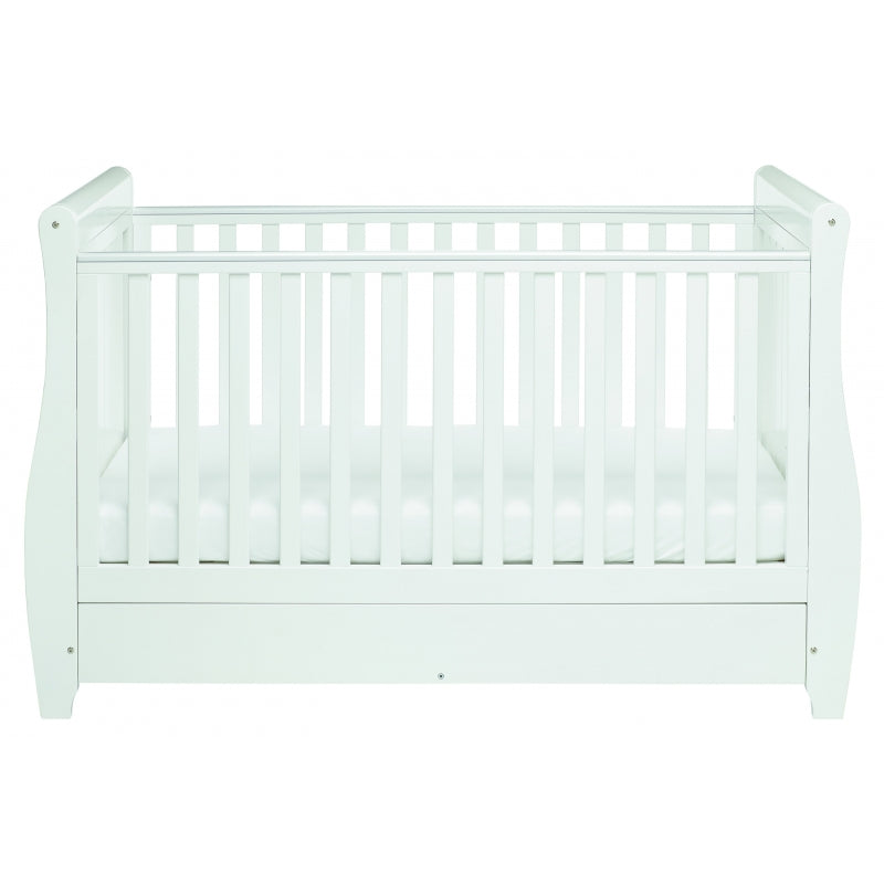 Babymore Stella Sleigh Drop Side  Convertible Cot Bed & foam mattress - White