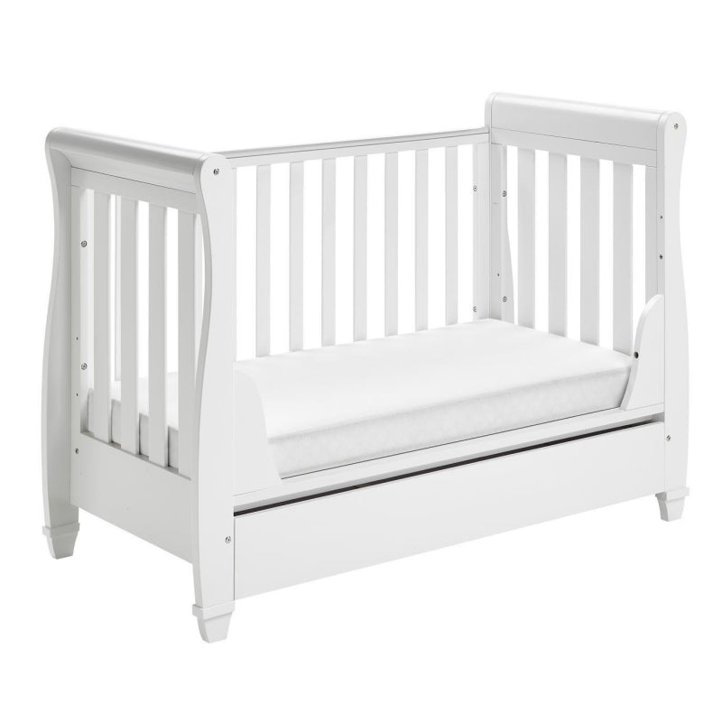 Babymore Eva Sleigh Cot Bed Drop side  with Drawer-White *AUGUST OFFER