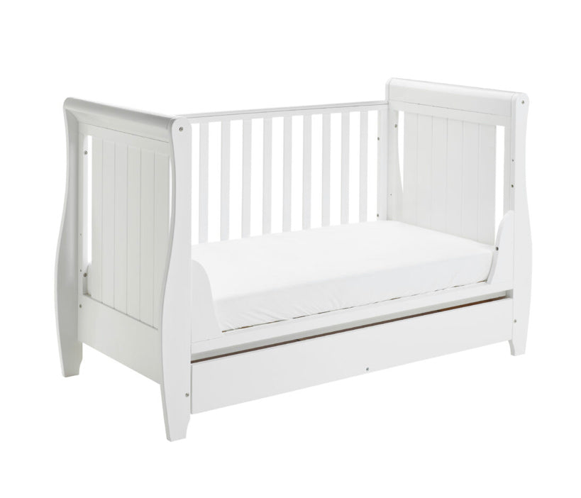 Babymore Stella Sleigh Drop Side  Convertible Cot Bed & cot top changer White