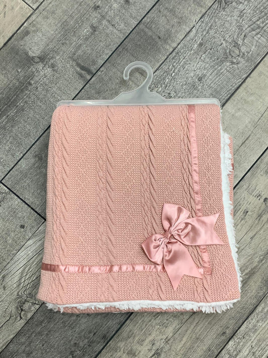 Soft Touch Cable Knitted Bow Blanket- Rose