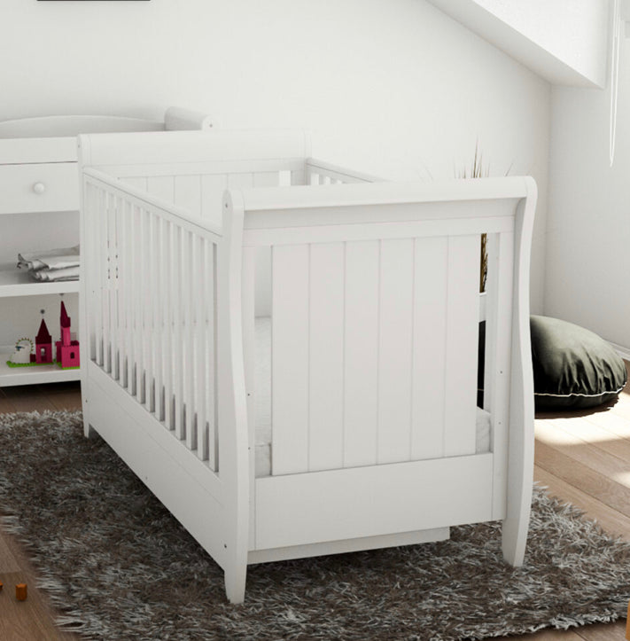 Babymore Stella Sleigh Drop Side  Convertible Cot Bed & cot top changer White