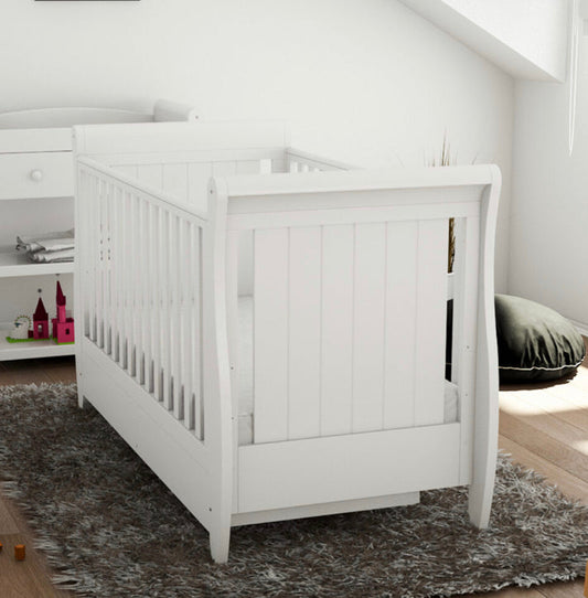 Babymore Stella Sleigh Drop Side  Convertible Cot Bed & cot top changer White