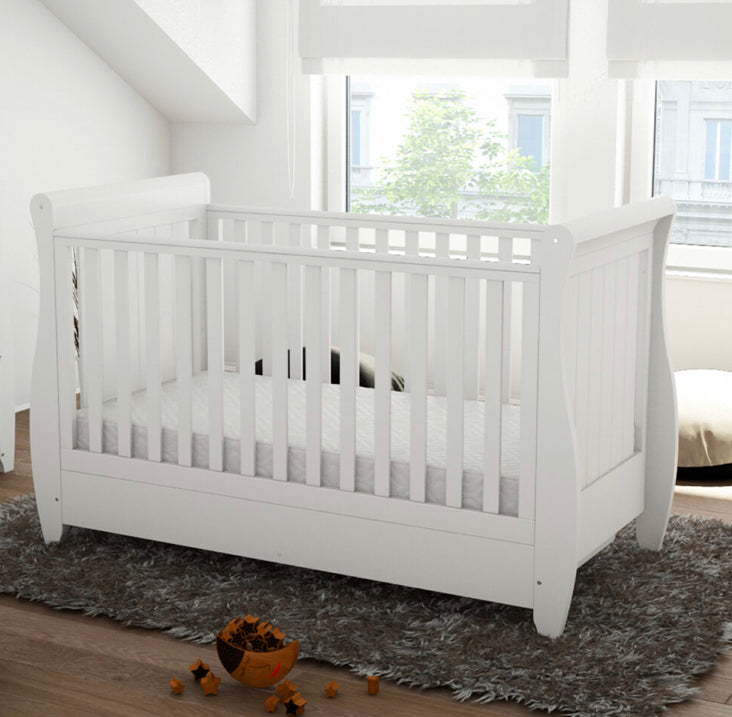 Babymore Stella Sleigh Drop Side  Convertible Cot Bed & cot top changer White