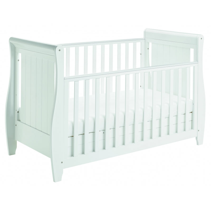 Babymore Stella Sleigh Drop Side  Convertible Cot Bed-White *SEPTEMBER OFFER FREE COT TOP CHANGER