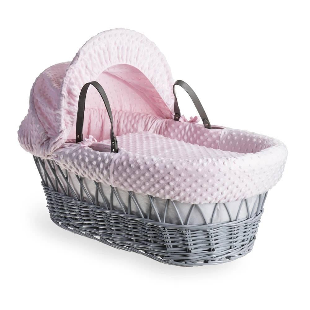 Clair De Lune Dimple Pink Wicker Moses Basket & Stand-Grey
