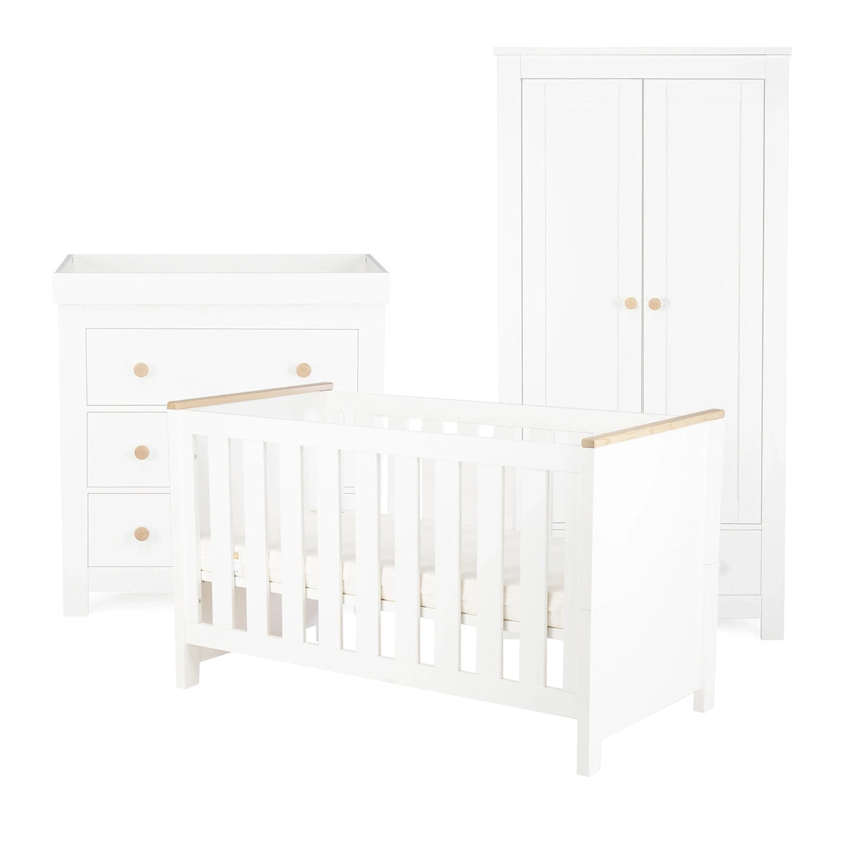 Cuddle Co Aylesbury 3 Piece Nursery Furniture Set (Cot Bed, Dresser & Wardrobe) - White & Ash