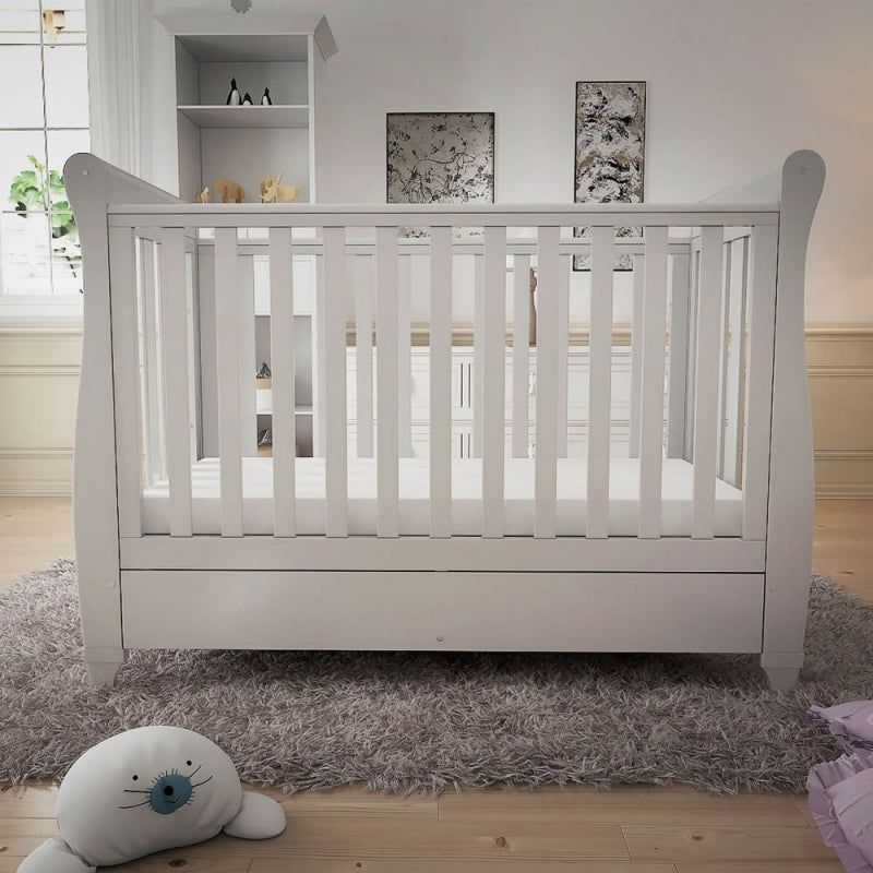 Babymore Eva Sleigh Cot Bed Drop side  with Drawer-White *AUGUST OFFER