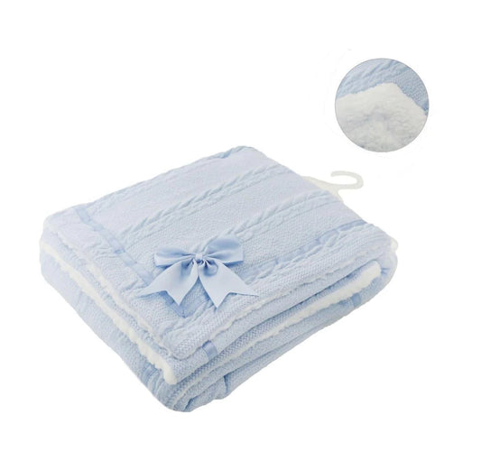 Soft Touch Cable Knitted Bow Blanket - Blue