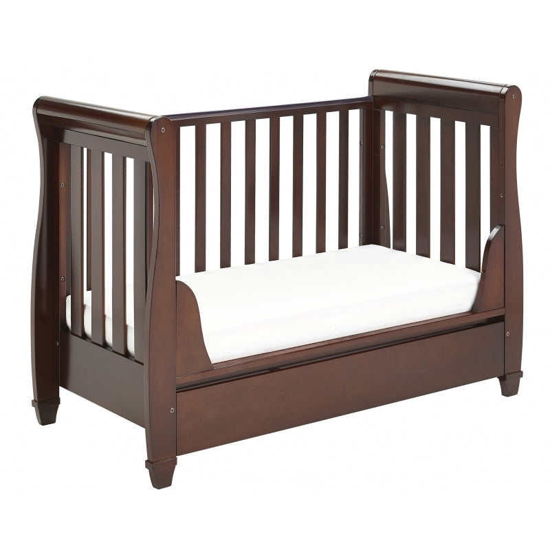 Babymore Eva Sleigh Cot Bed Drop side  with Drawer & foam mattress -Brown