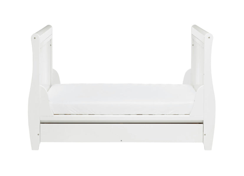 Babymore Stella Sleigh Drop Side  Convertible Cot Bed-White *SEPTEMBER OFFER FREE COT TOP CHANGER