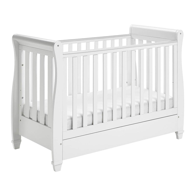 Babymore Eva Sleigh Cot Bed Drop side  with Drawer-White *AUGUST OFFER