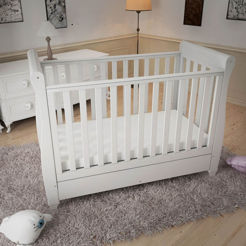 Babymore Eva Sleigh Cot Bed Drop side  with Drawer-White *AUGUST OFFER