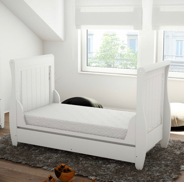 Babymore Stella Sleigh Drop Side  Convertible Cot Bed & cot top changer White