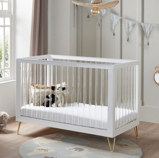 Babymore Kimi Cot Bed – White Acrylic *AUGUST OFFER